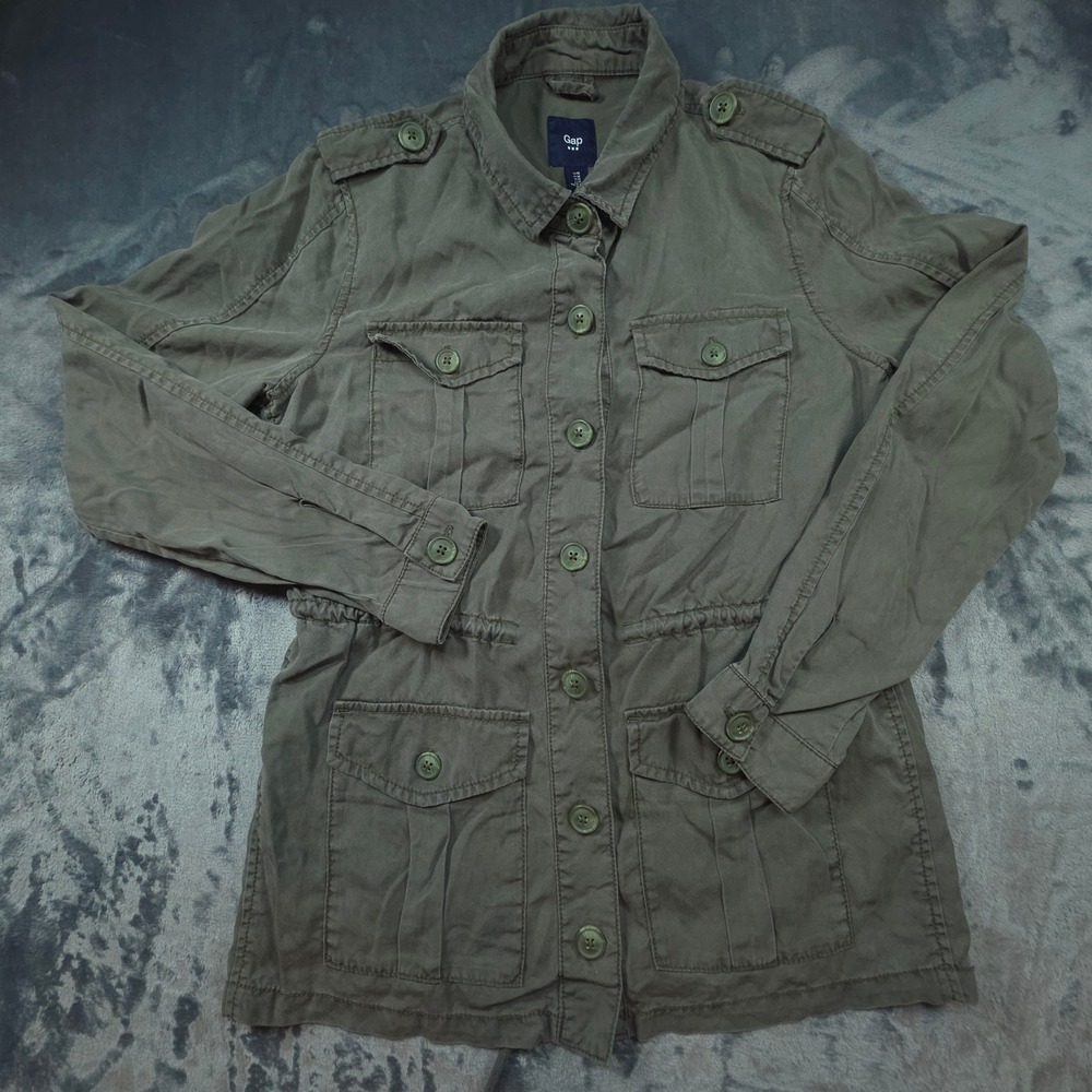 Gap Olive Green Lyocell Utility Field Jacket Womens Medium Button Front Pocket